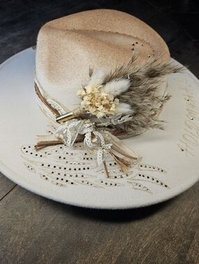 Ivory hand burned fedora cowboy hat with rhinestones HOLD MY HALO